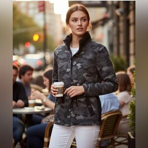 CAbi ATC Camo Jacket Jersey Knit Gray Black Full Zip Thumb Holes Tie Waist #3911